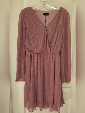 Dressy Star Lush Rose Pink Long Sleeve Shimmer Wrap Dress Sheer Sleeve Medium